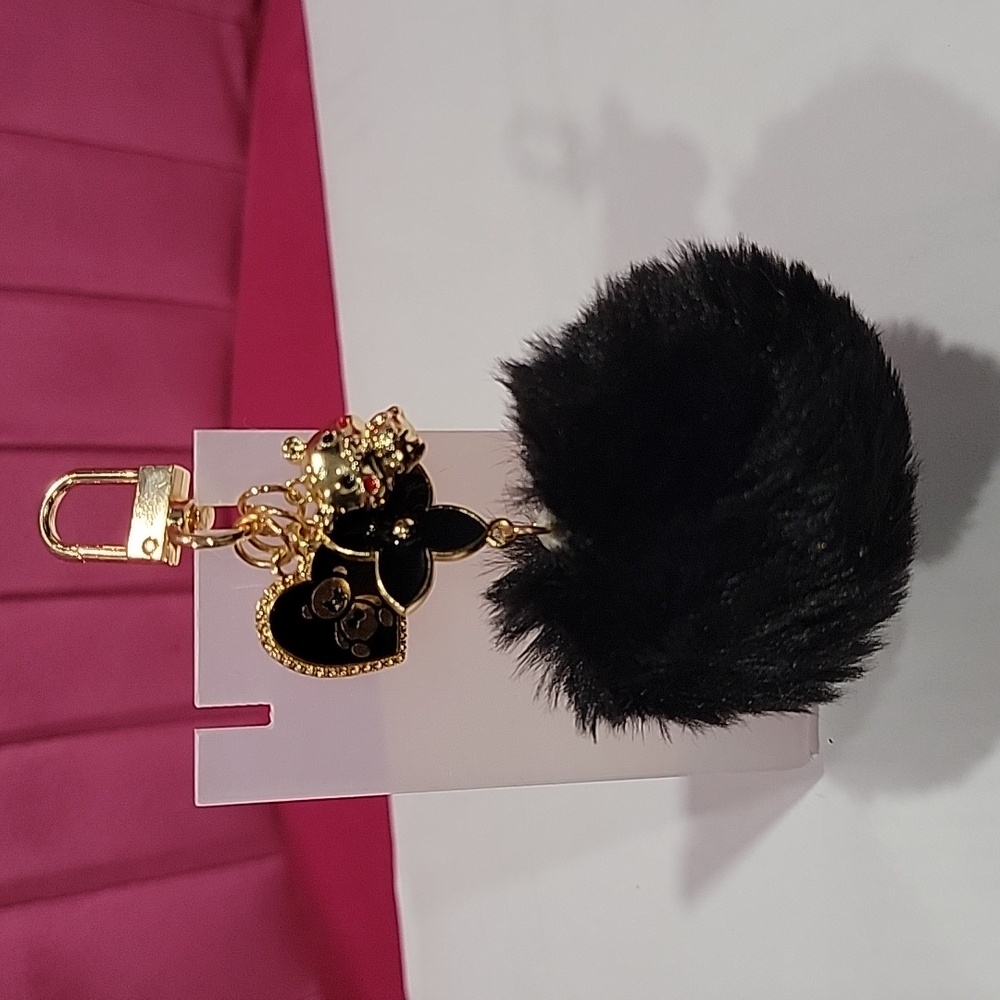 Love Bear Fur Ball Keychain,  1 Purse Charm, Black